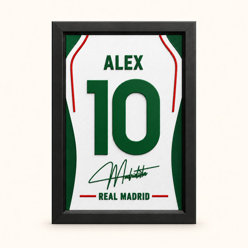 Real Madrid jersey frame personalized with ALEX and the number 10 on a soft white background.