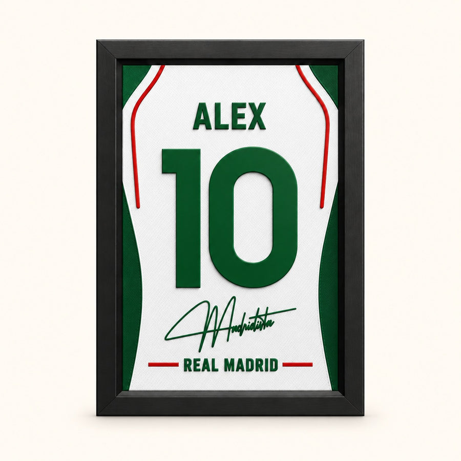 Real Madrid jersey frame personalized with ALEX and the number 10 on a soft white background.