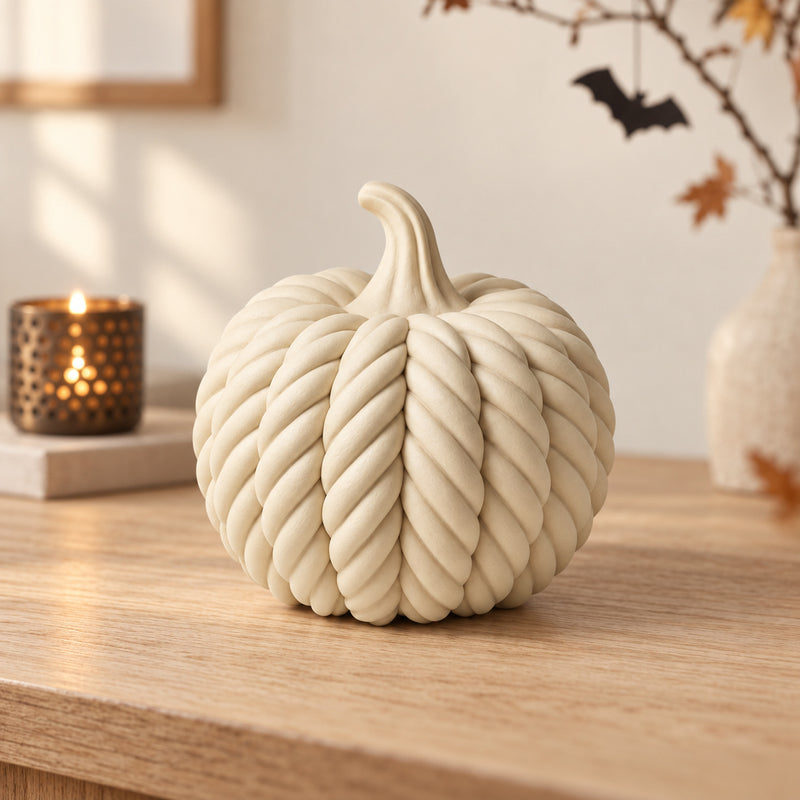 Cream rope-texture pumpkin on a wooden table with softly blurred autumn leaves and Halloween decorations behind it.