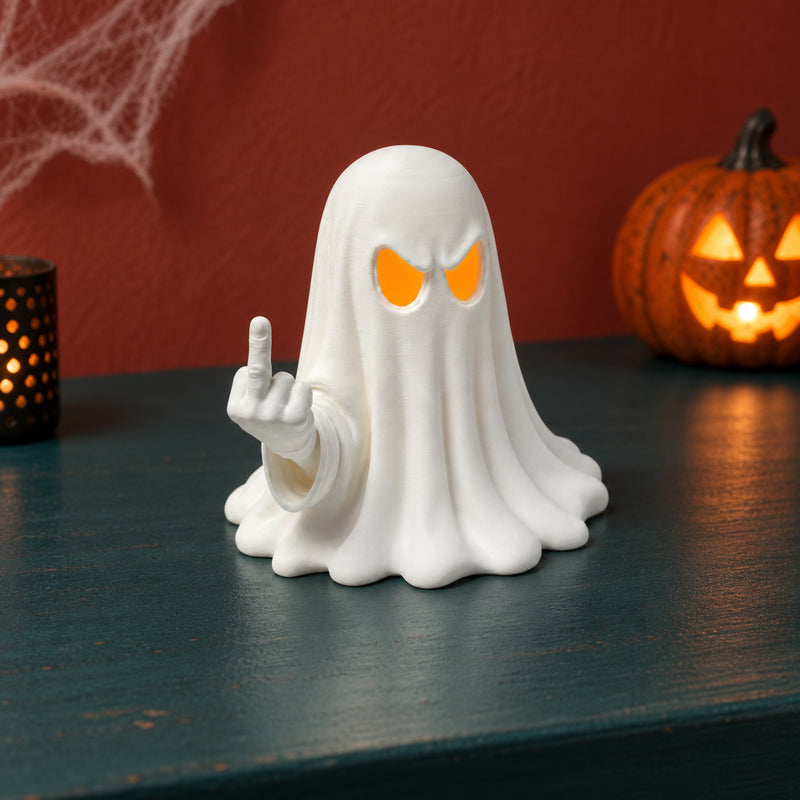 White rude ghost with a raised middle finger and orange-lit eyes in a styled home setting.