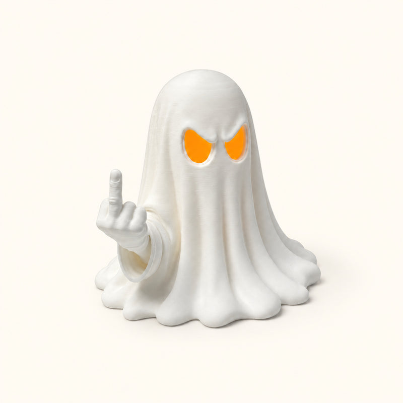 White rude ghost with a raised middle finger and orange-lit eyes on a soft white background.