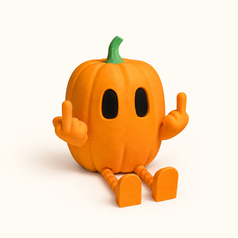 Seated orange pumpkin character with a green stem and raised middle fingers on a soft white background.