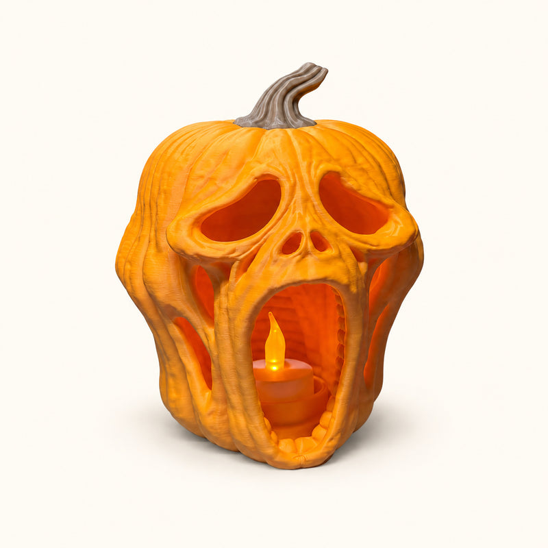 Orange screaming pumpkin lantern with an elongated open mouth on a soft white background.