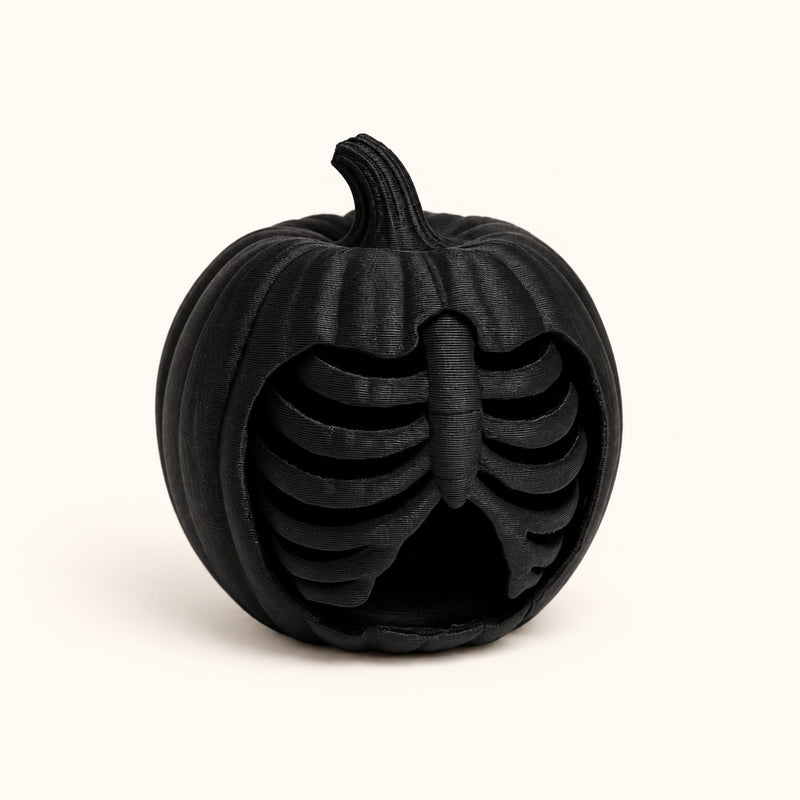 Black pumpkin decoration with rib-like skeletal bars in the front on a soft white background.
