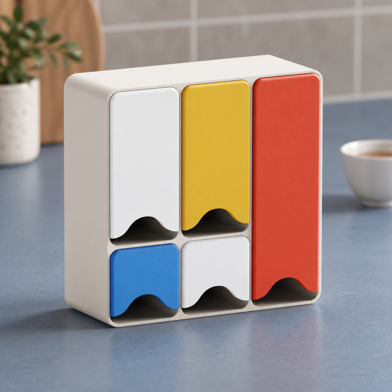 Rectangular tea dispenser with blue, white, yellow and red fronts in a styled home setting.