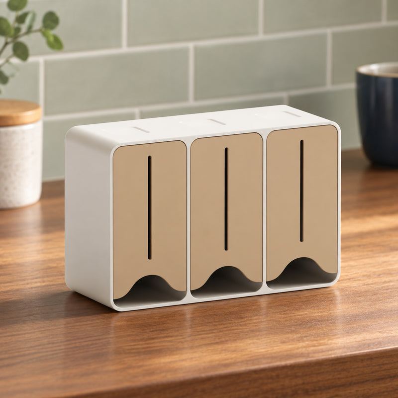 Cream three-column tea dispenser with tan fronts and lower openings in a styled home setting.