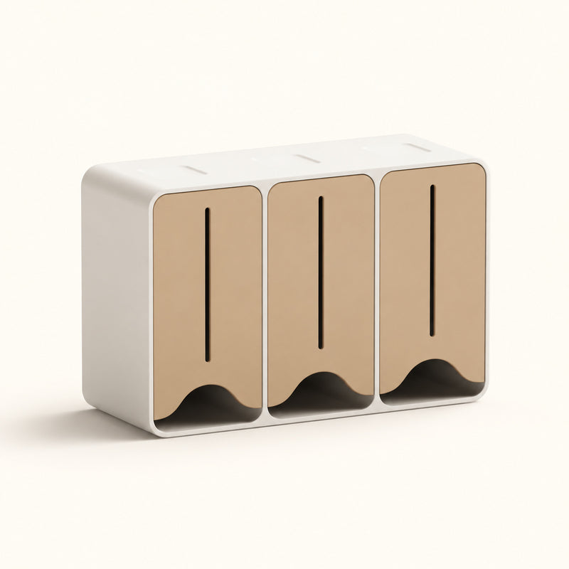 Cream three-column tea dispenser with tan fronts and lower openings on a soft white background.