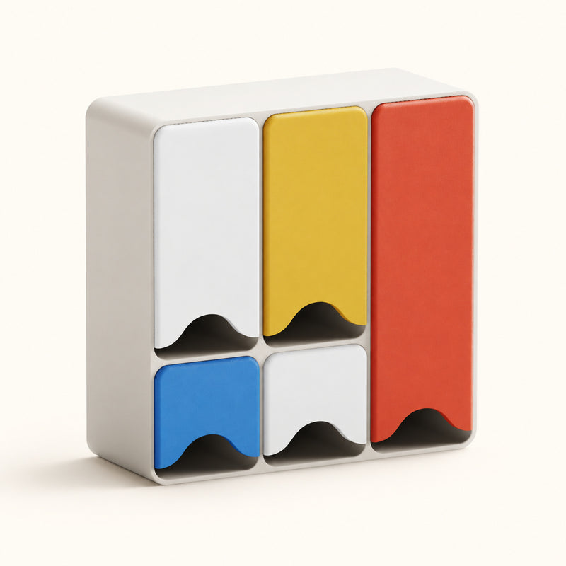 Rectangular tea dispenser with blue, white, yellow and red fronts on a soft white background.